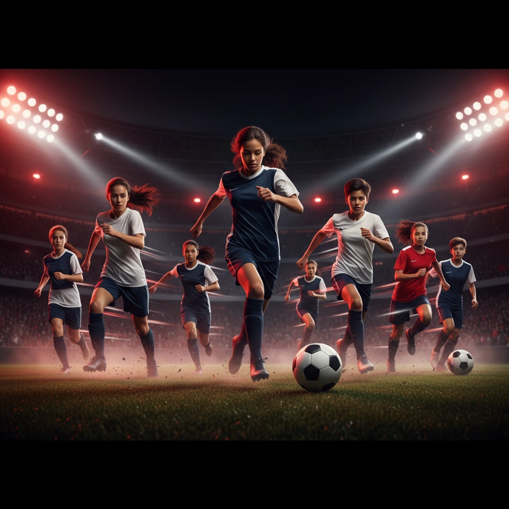 Coed teen girls and boys soccer players sprinting under stadium lights