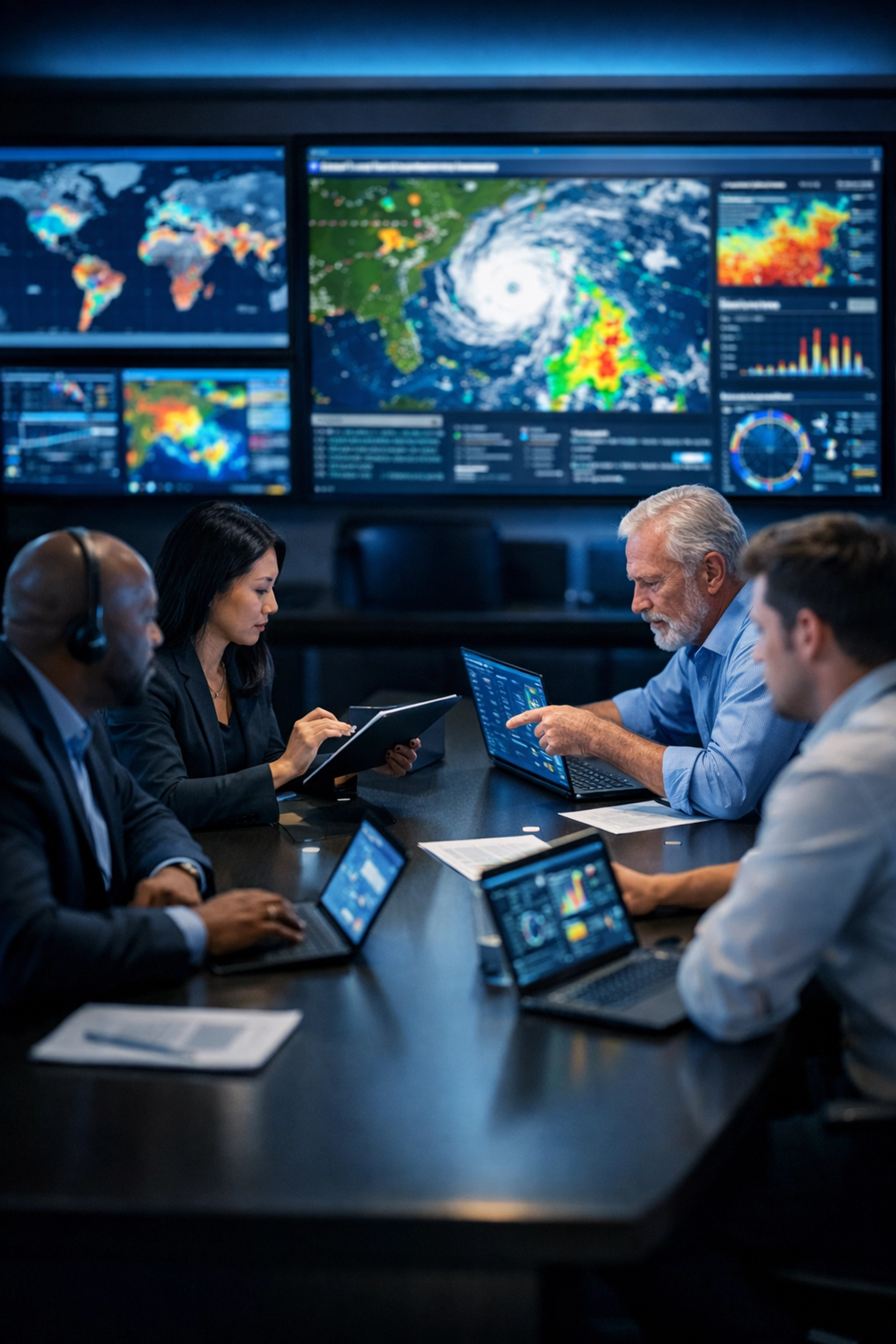 Operations center with geospatial data dashboards and team collaboration for mission-critical decisions