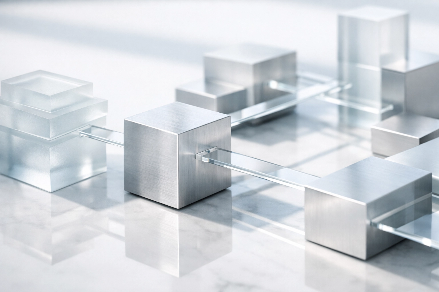 Interconnected modular structures representing specialized AI agents and multi-agent orchestration strategy.