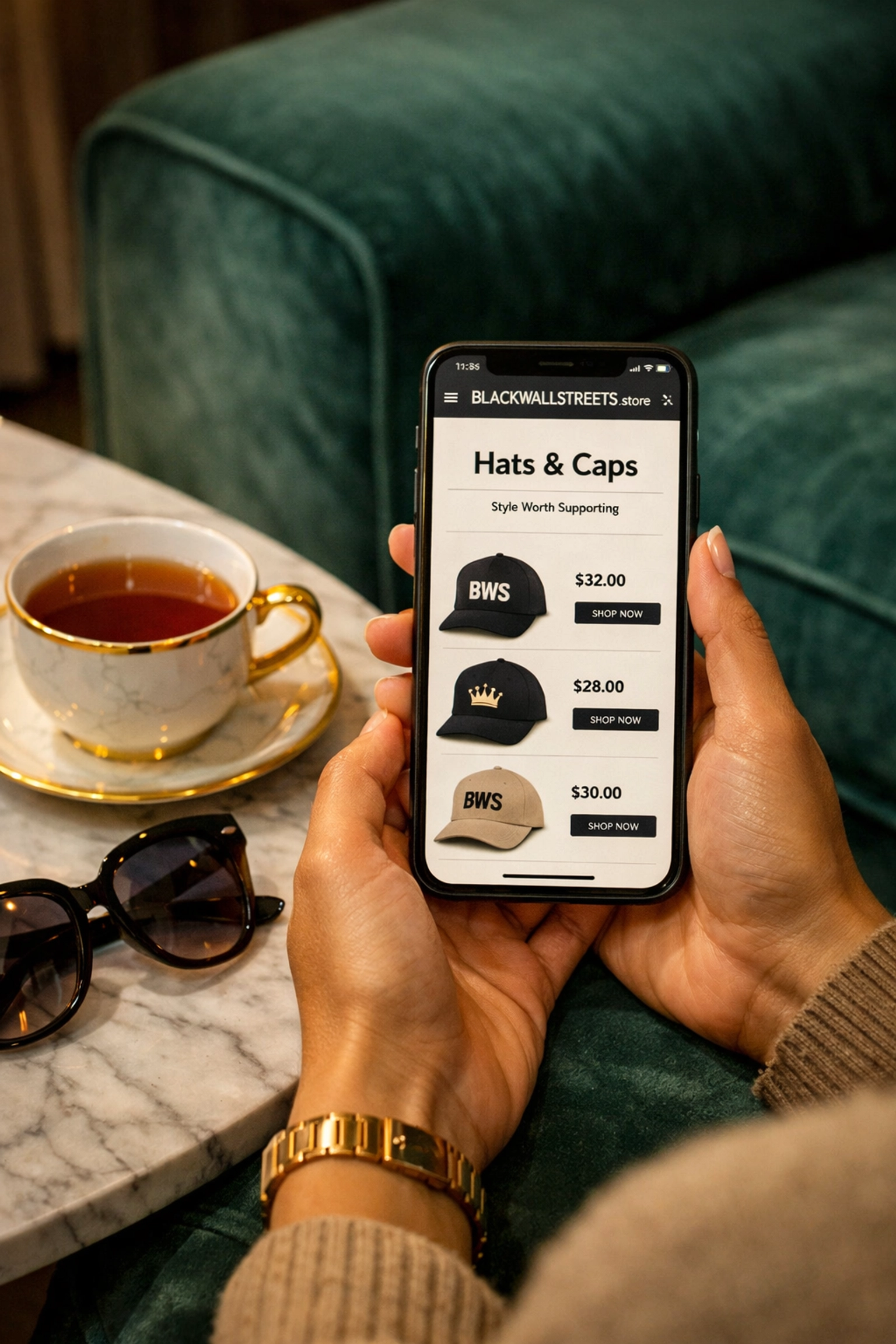 Shopping for Black-owned hats and fashion accessories on a mobile phone at home.