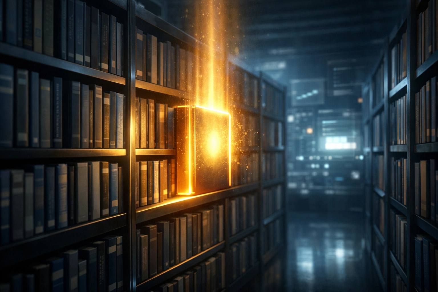 Digital library with a highlighted “source of truth” book representing authoritative content for AI search