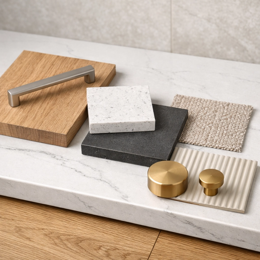 Luxury kitchen remodeling Orlando featuring durable white quartz countertops and hardwood flooring.