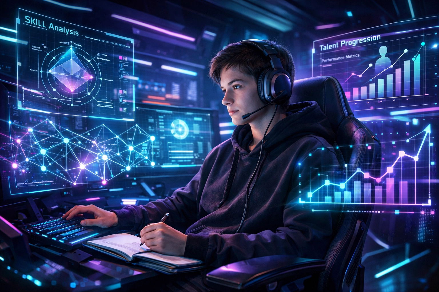 Student in a high-tech esports simulation pod using digital analytics for skill development and talent tracking.