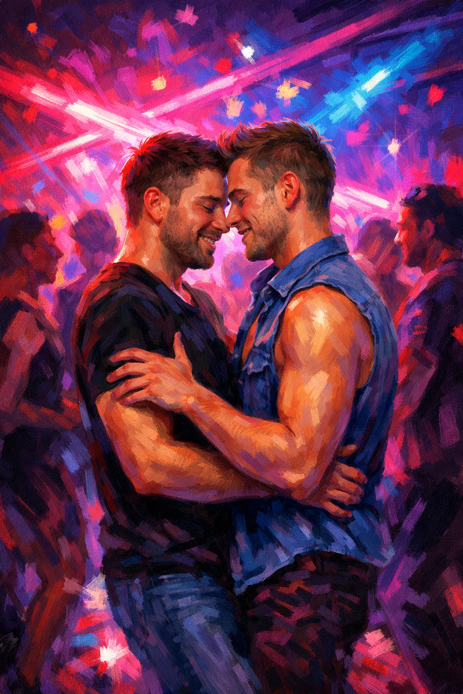 Men dancing together in LGBTQ+ nightclub scene from gay romance fiction