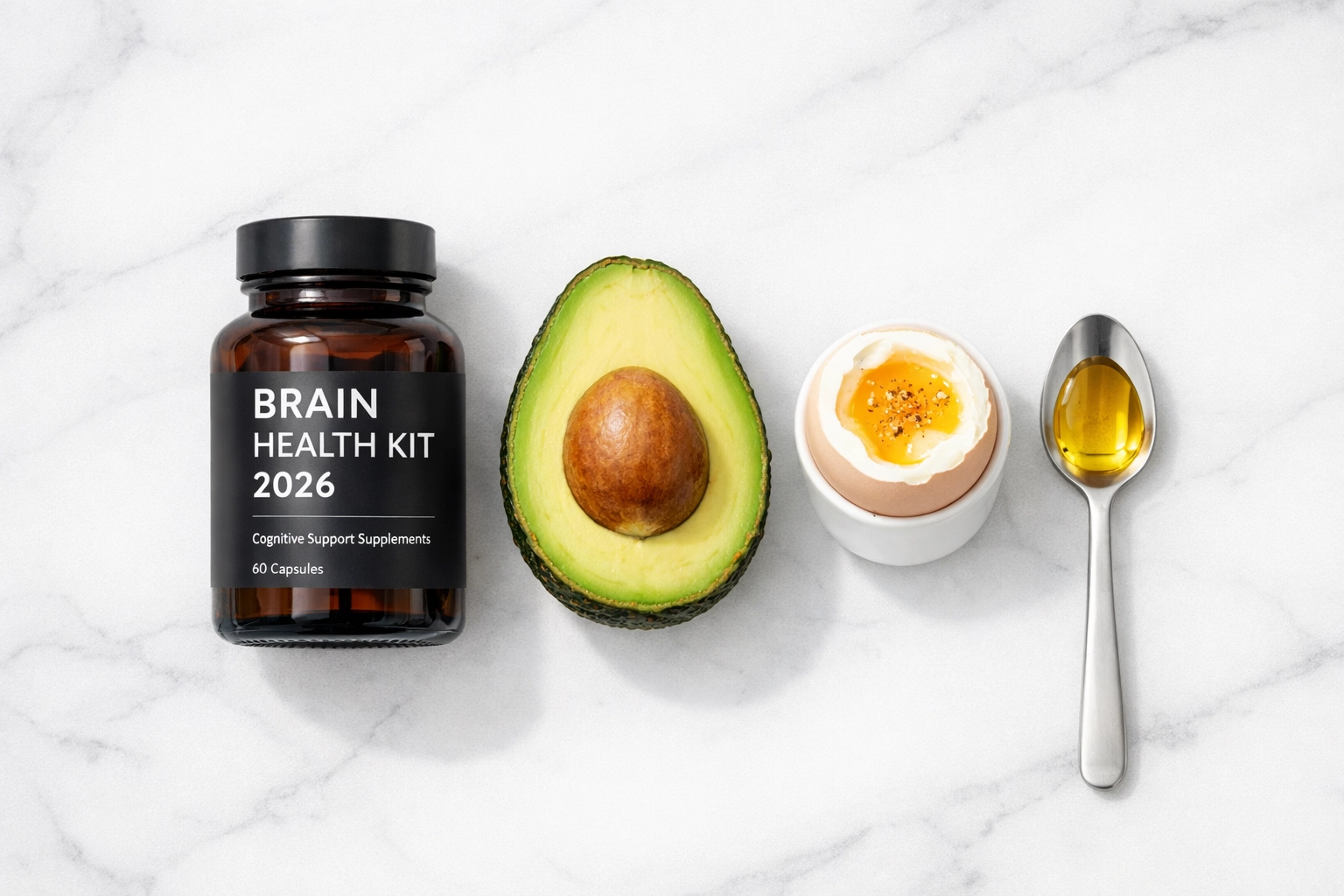 Personal brain health kit with Omega-3 oil, fresh avocado, and eggs for a cognitive optimization stack.