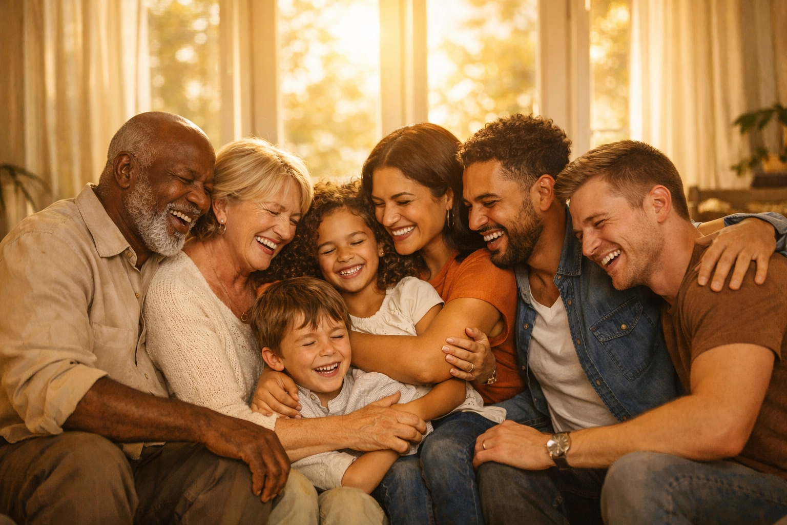Multigenerational family embracing in living room representing legacy building and family protection