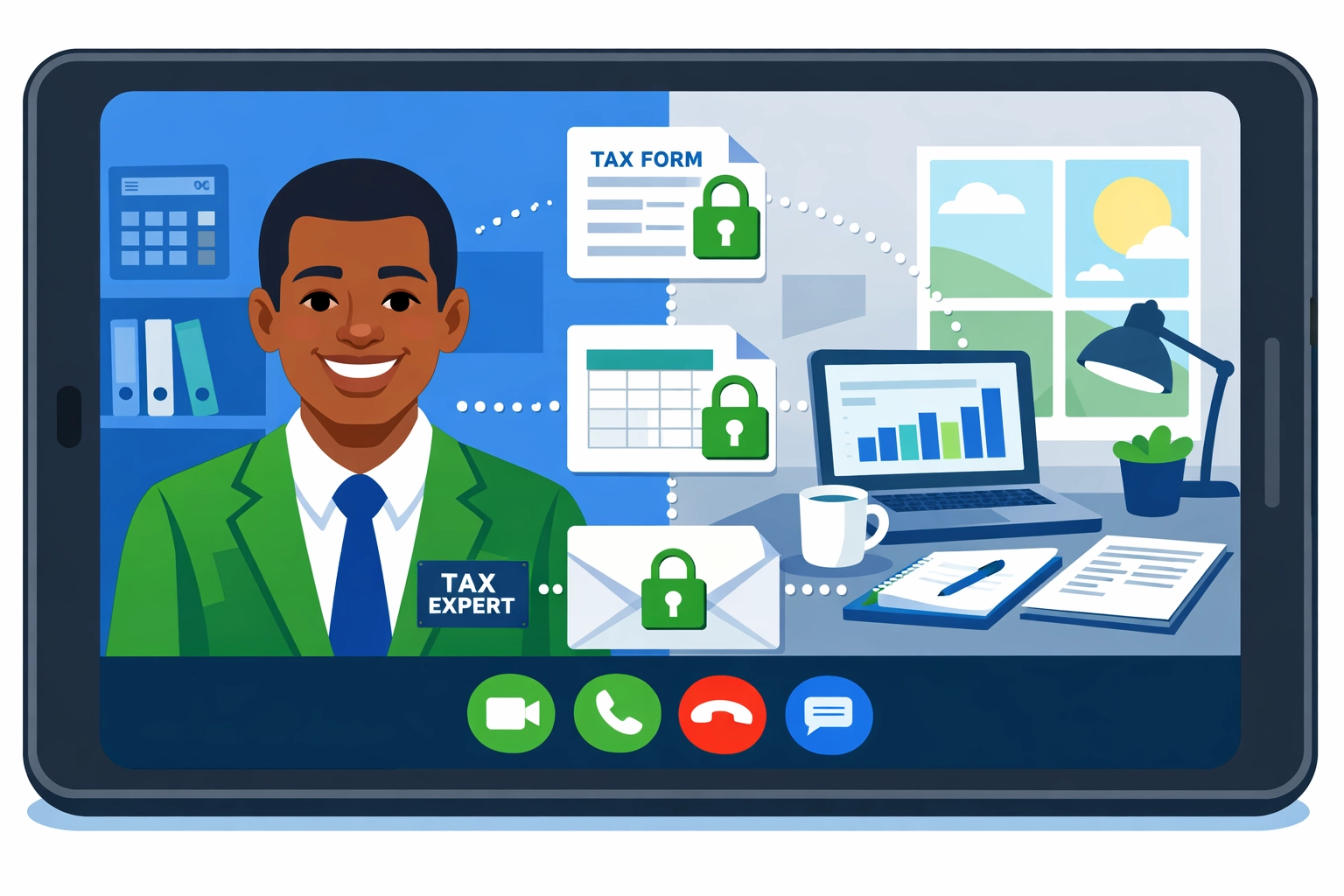 Virtual tax consultation via secure video call between tax professional and client