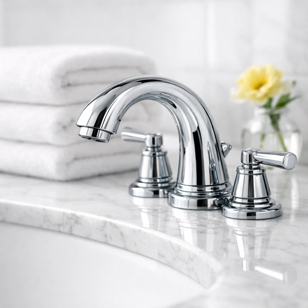 Spotless luxury bathroom vanity and polished chrome faucet after professional residential cleaning in Duxbury.