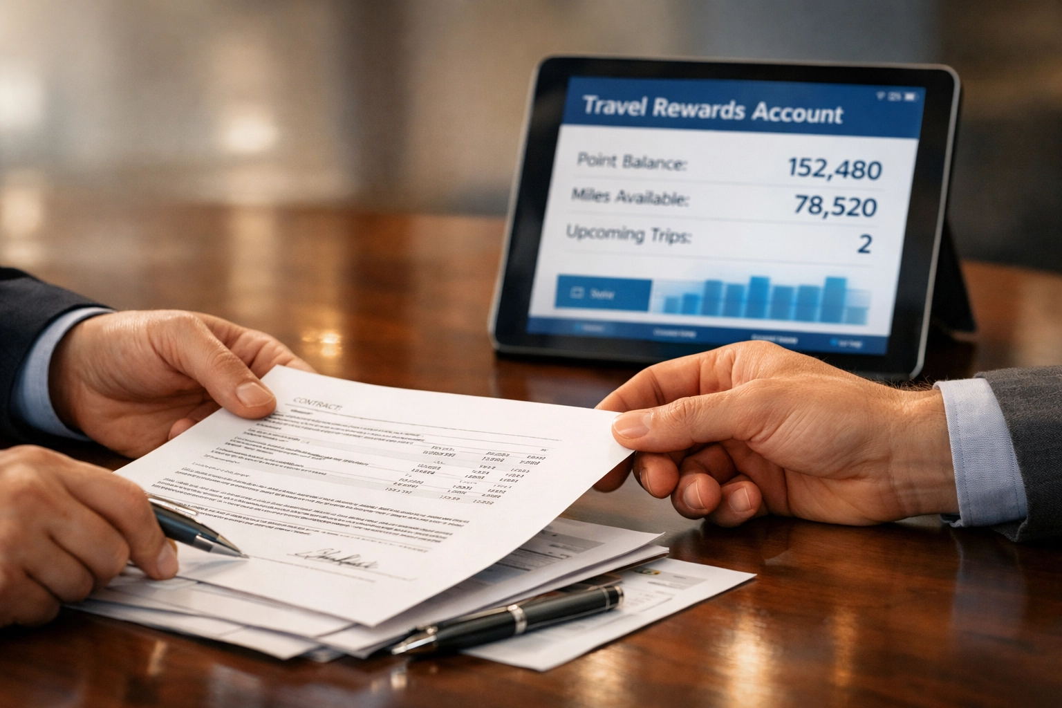 Couple reviewing travel rewards account documents during Virginia divorce settlement negotiation