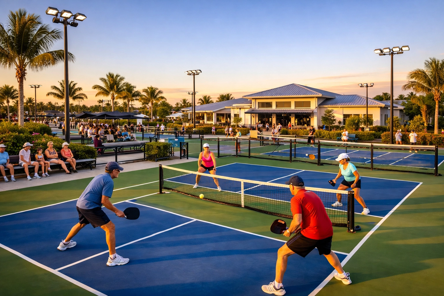 Active pickleball courts at Southwest Florida amenity community with tropical landscaping