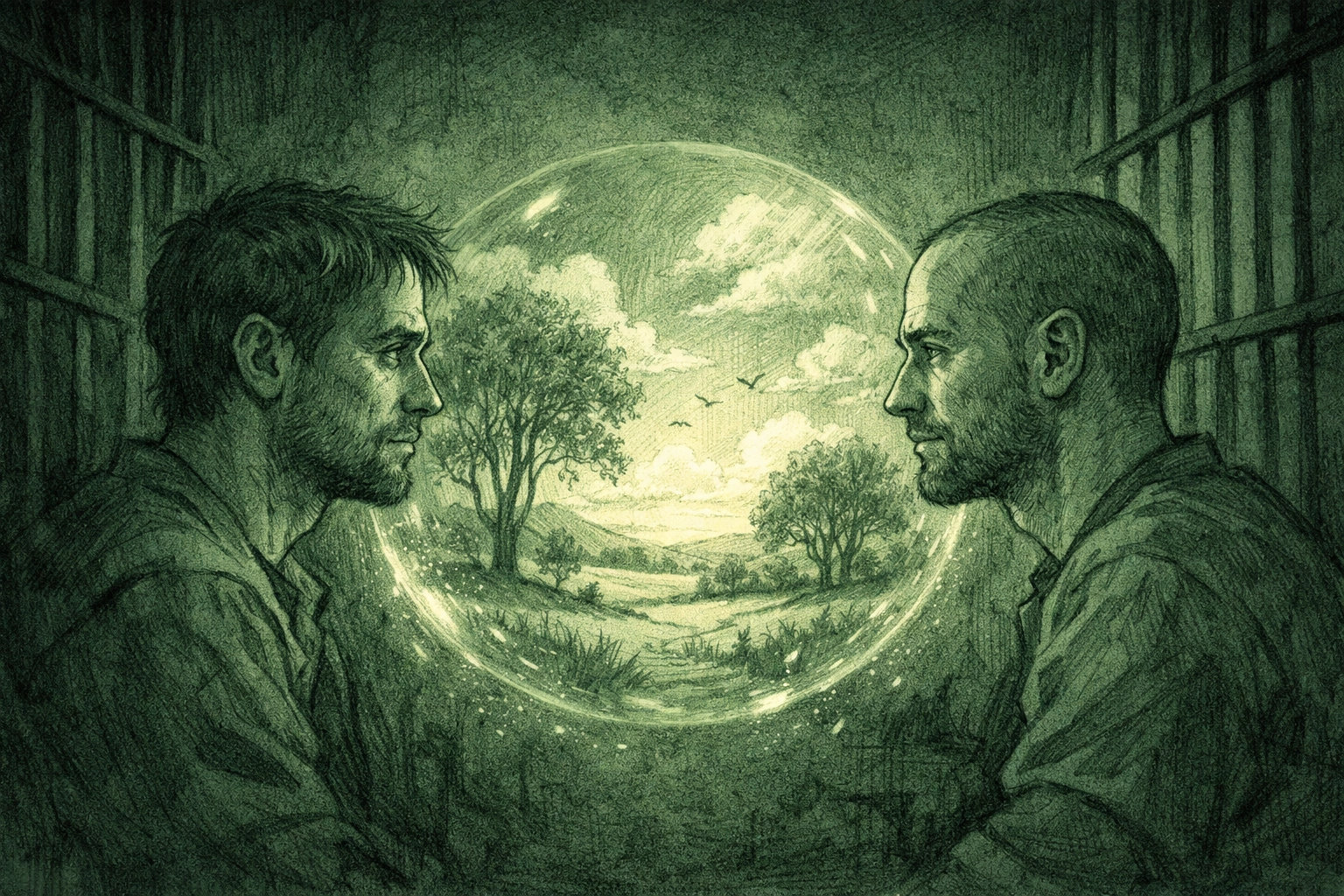 Two men creating mental sanctuary of light and nature in dark prison - MM fiction