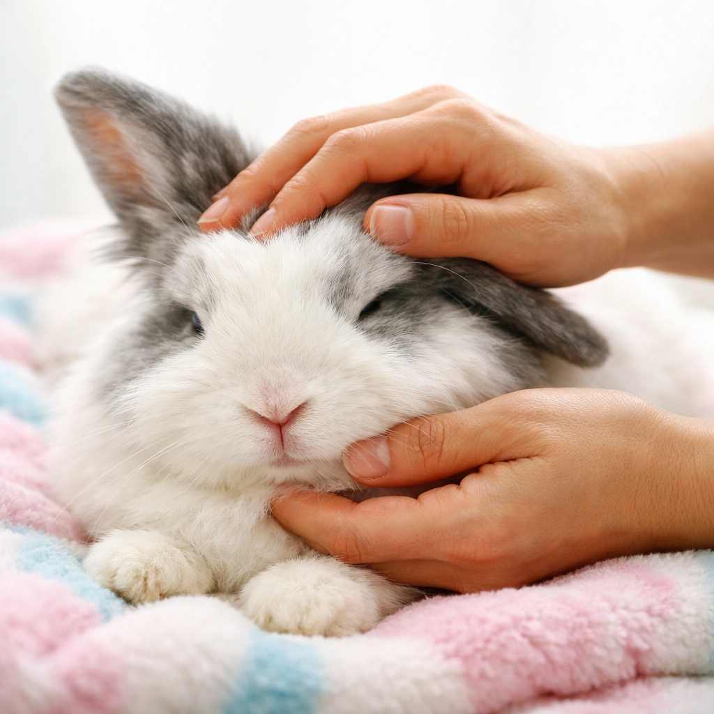 A pet owner petting a healthy rabbit, showcasing the bond and care for small animals.