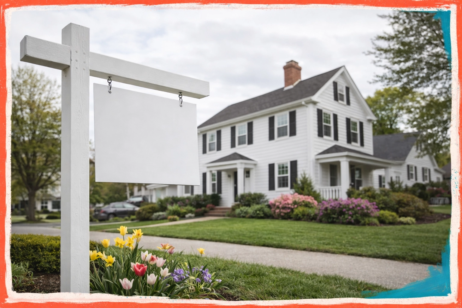 Modern for sale sign outside a home in a real neighborhood