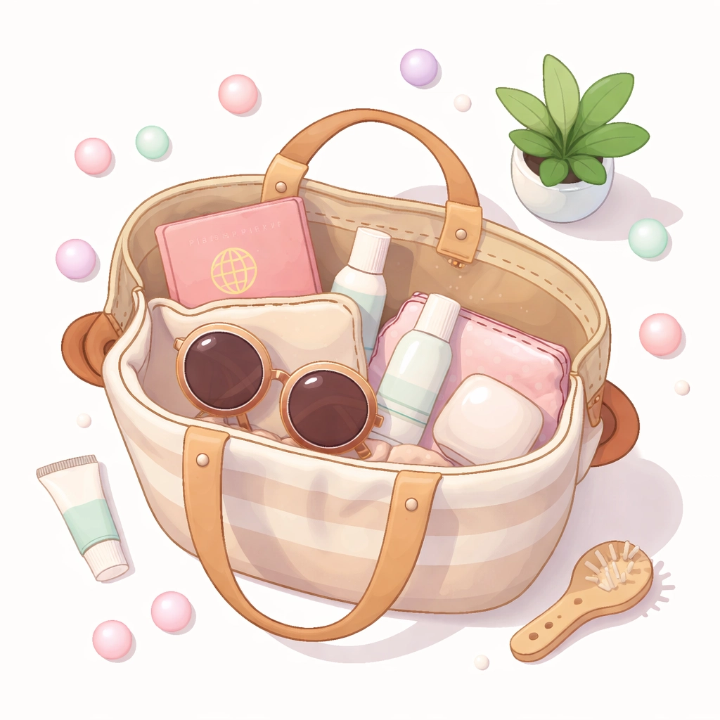 Open travel bag with lotion beads and essentials, showing solid lotion beads as convenient for travel and daily use