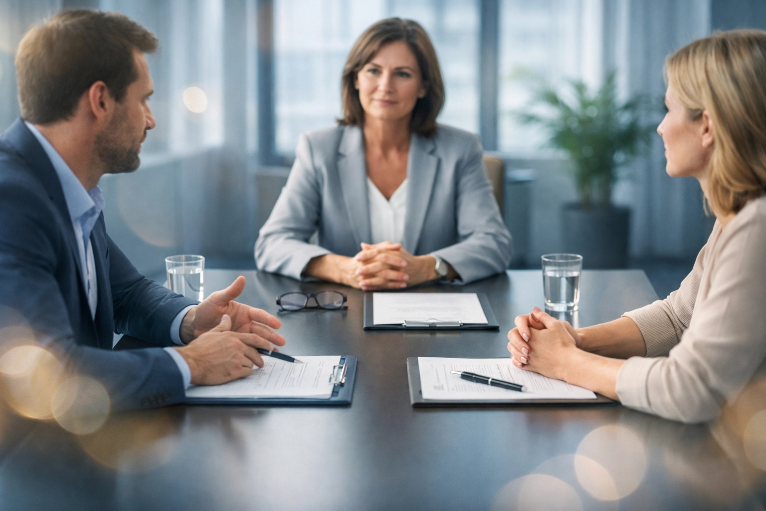 Parents and mediator discussing child custody arrangements during a professional mediation session