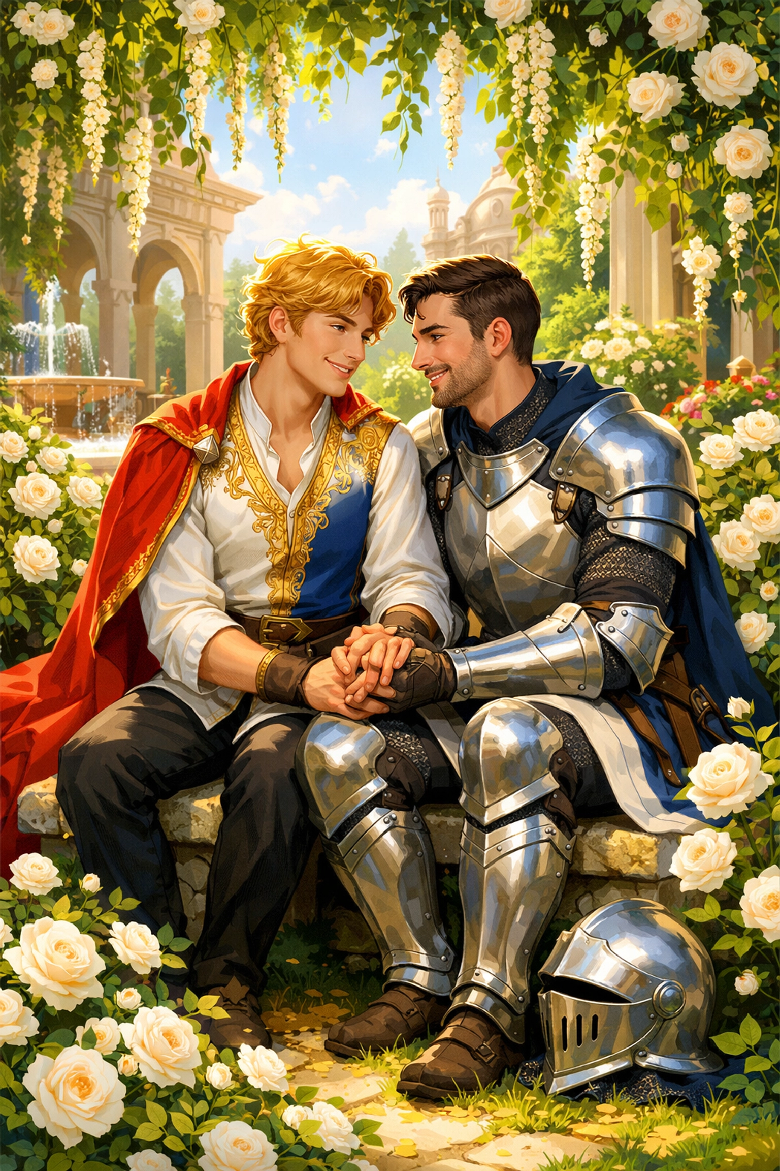 A royal prince and his knight holding hands in a sun-drenched palace garden full of white roses.