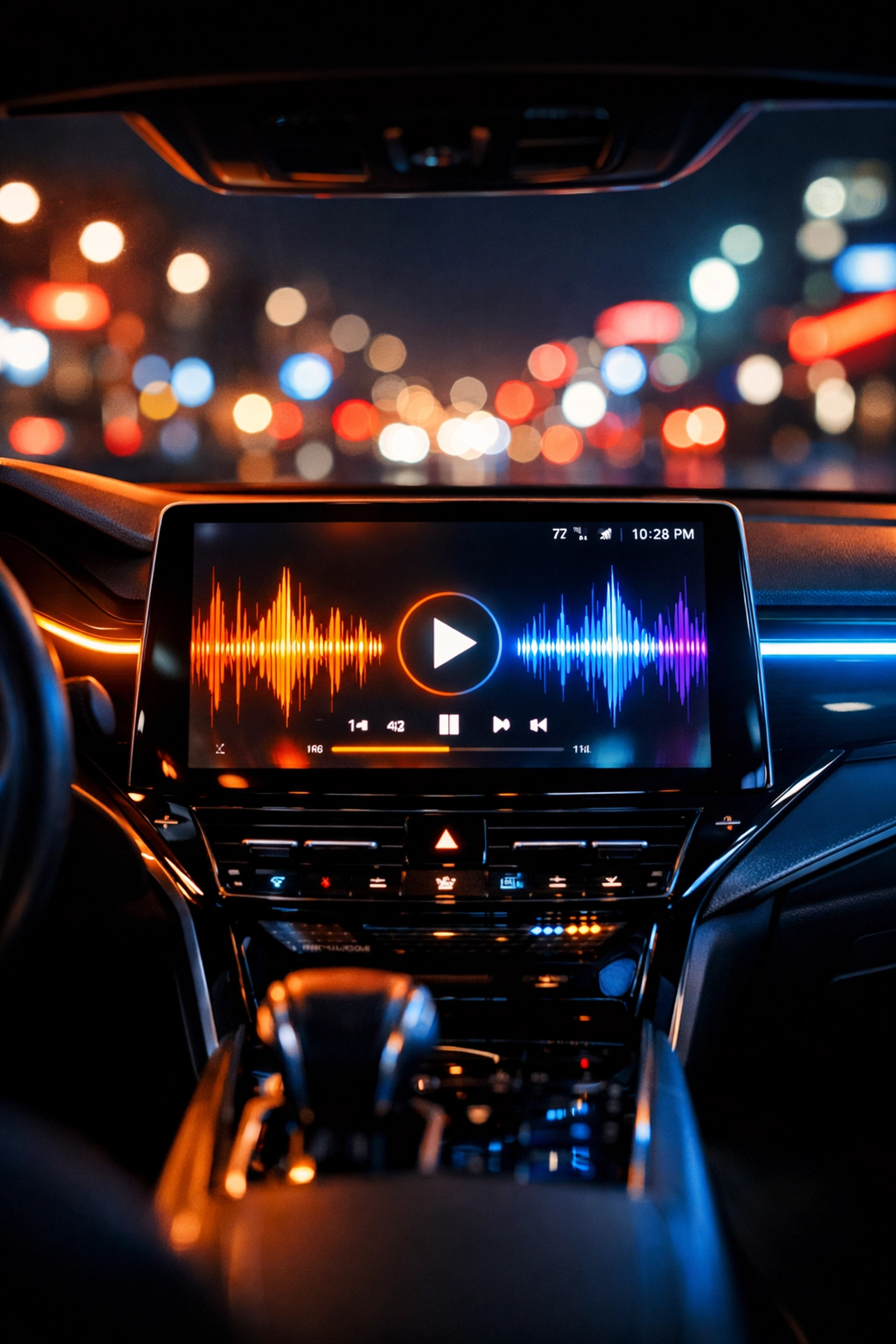 Sleek touchscreen head unit with modern music interface and orange ambient dashboard lighting.