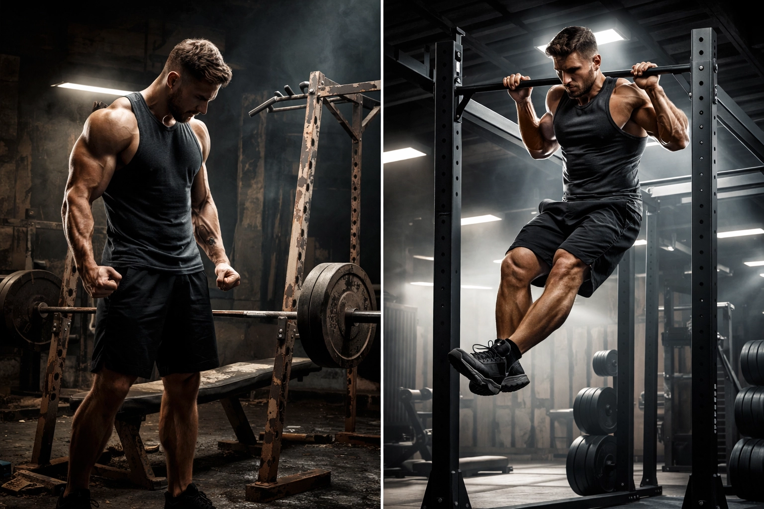 Side-by-side comparison of an athlete struggling with cheap broken equipment and succeeding on quality home gym gear, emphasizing durability in resistance training.