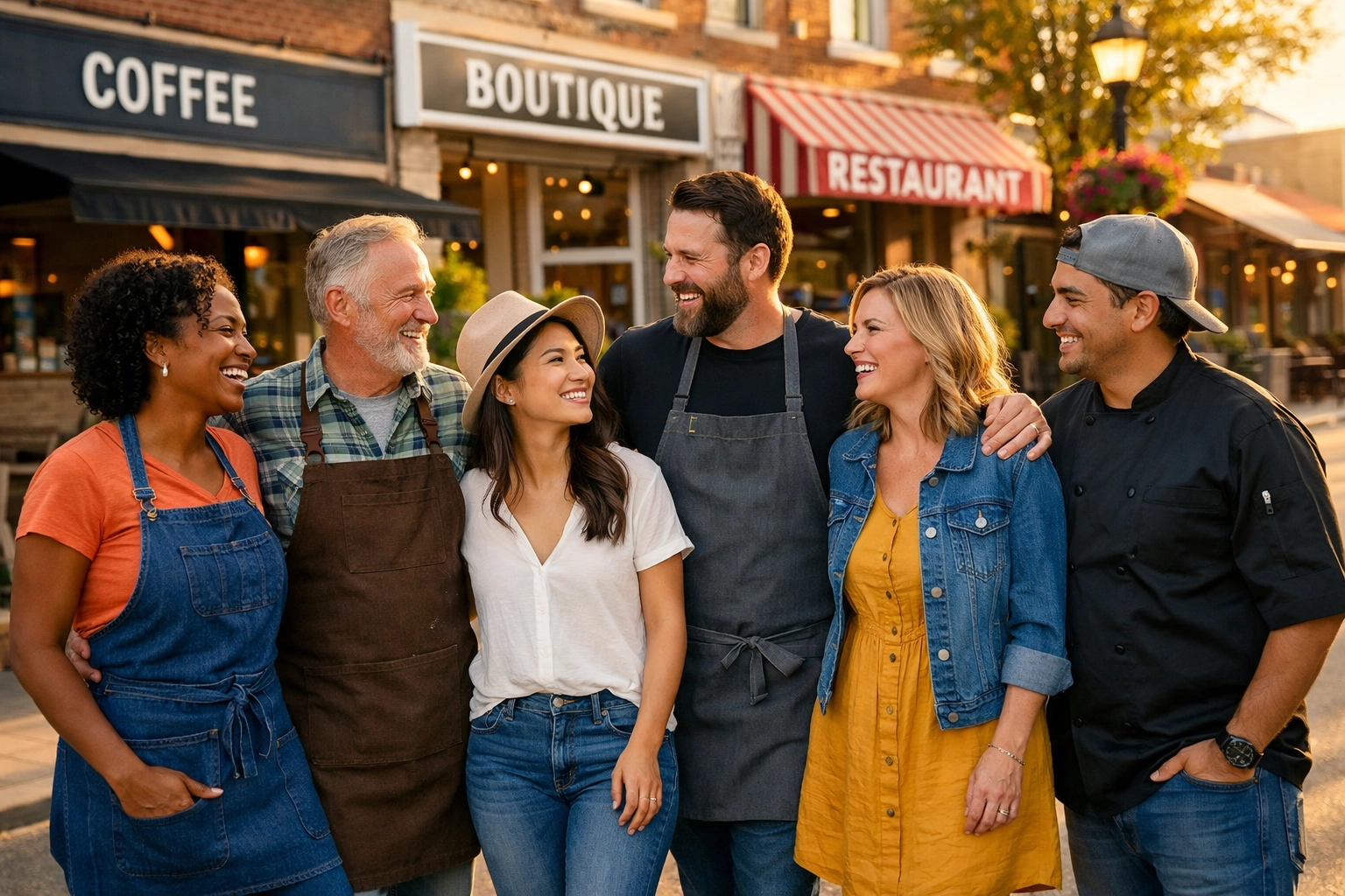Local small business owners gathered on main street representing community commerce