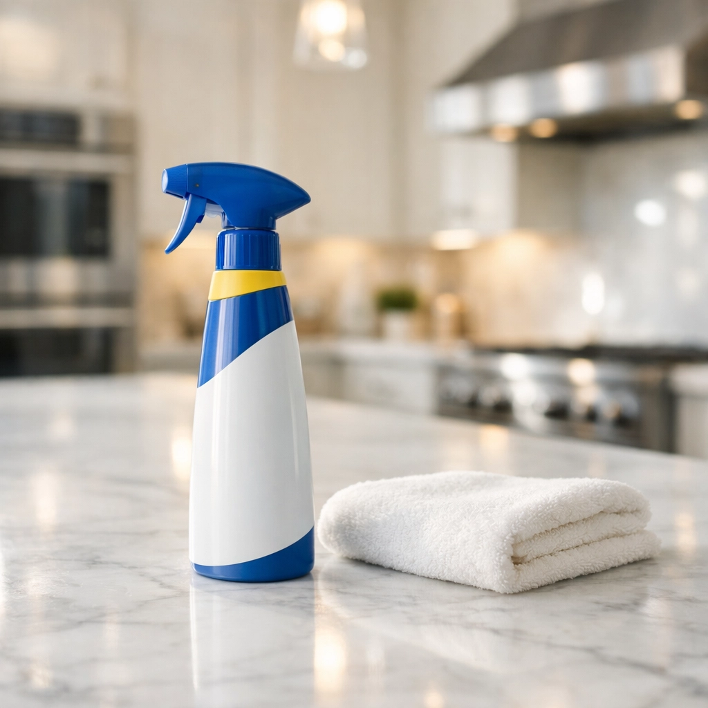 Eco-friendly spray on marble counter illustrating expert Westwood home cleaning for luxury kitchens.