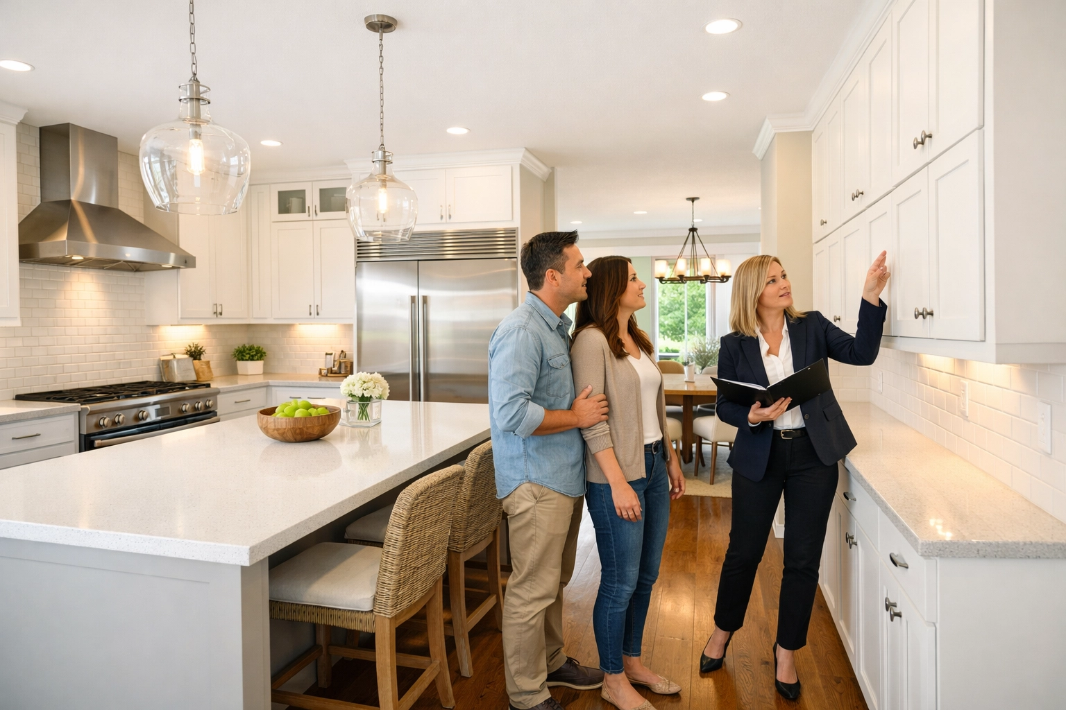 Real estate agent and couple discussing details during an in-person showing in the Triangle.