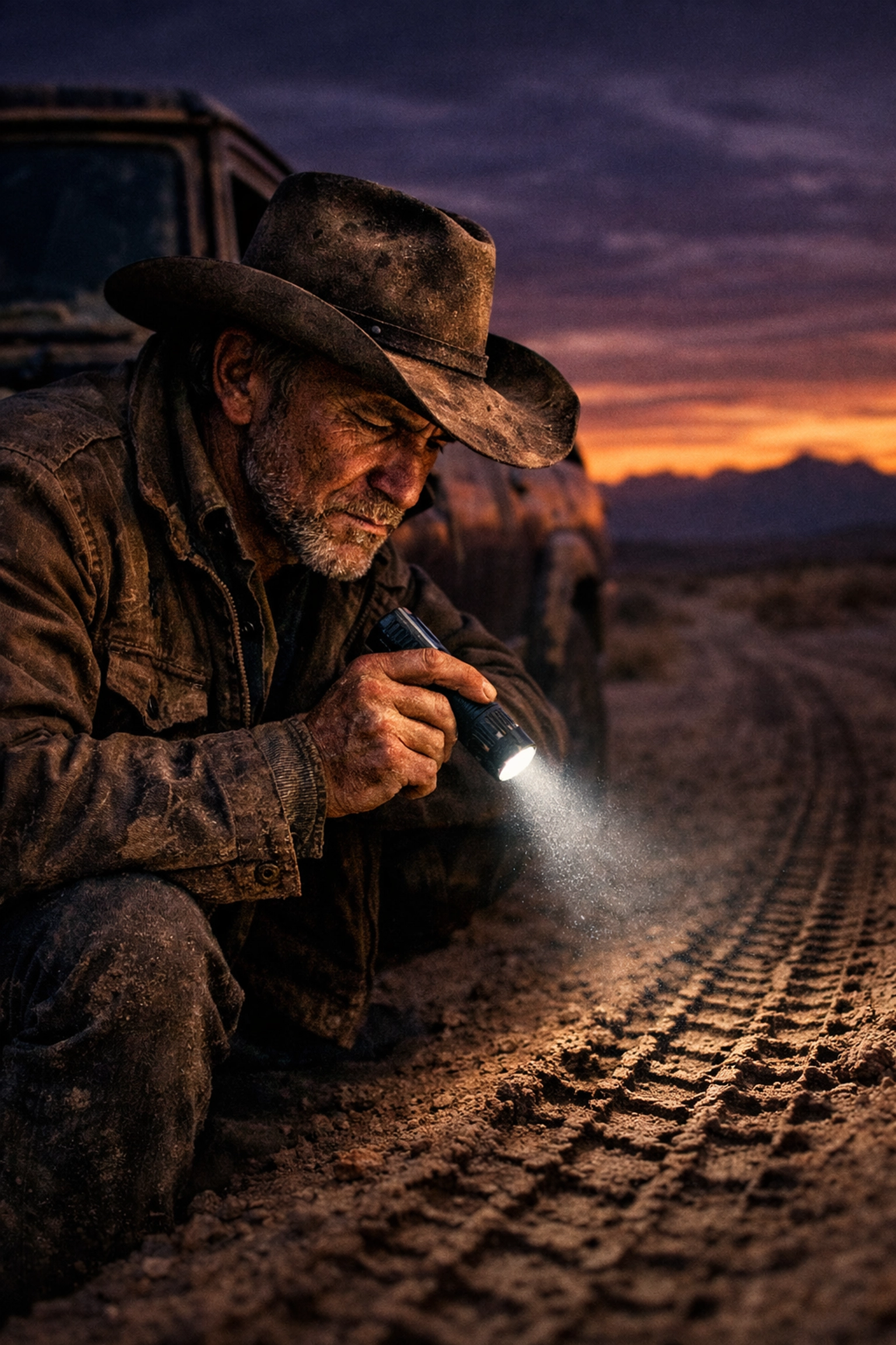 Cowboy sleuth examining desert tracks, illustrating a focused character-driven thriller protagonist.