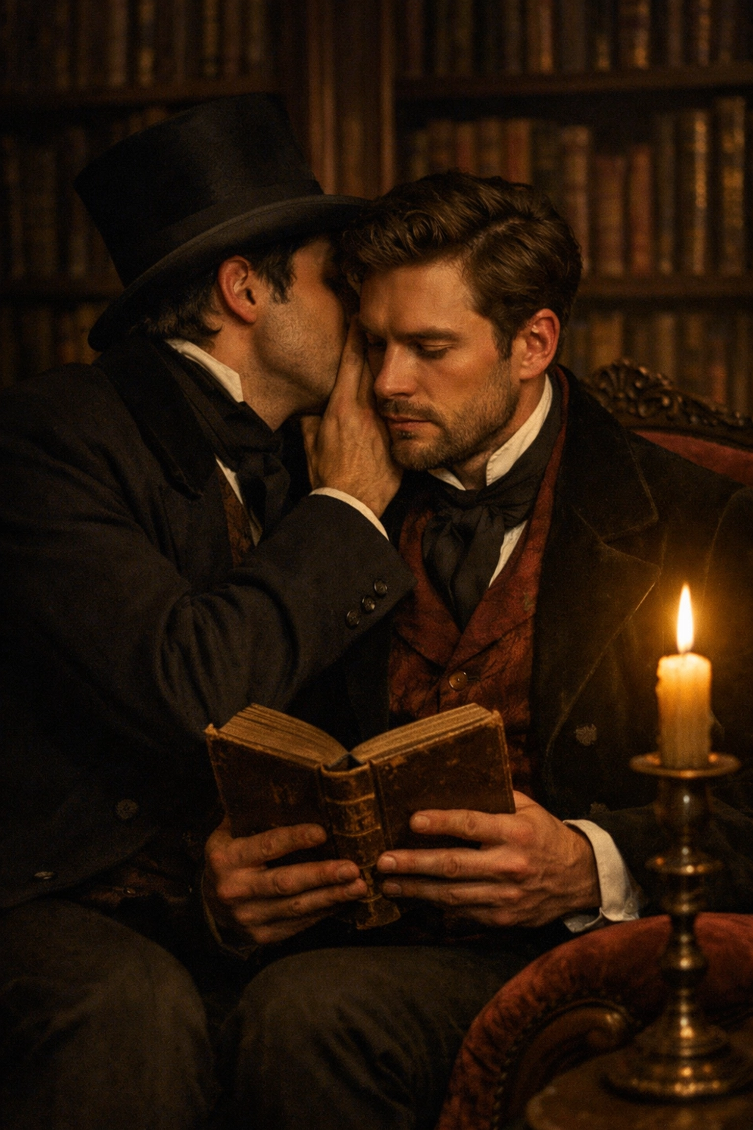 Two men in Victorian attire sharing a secret book in a library, symbolizing coded gay literature history.