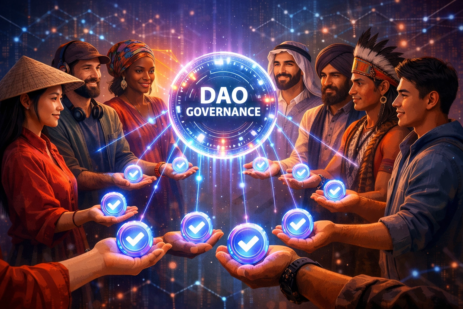 Diverse community members participating in Larecoin DAO governance voting for charitable fund allocation