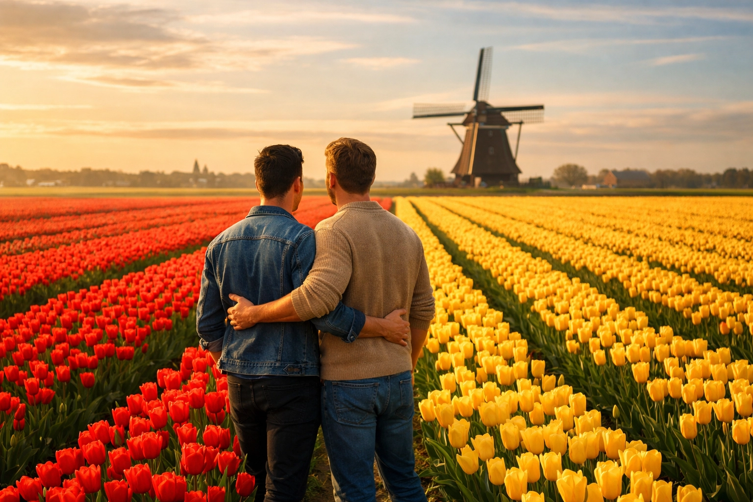 A gay couple embracing in a vibrant Bollenstreek tulip field with a Dutch windmill in the distance.