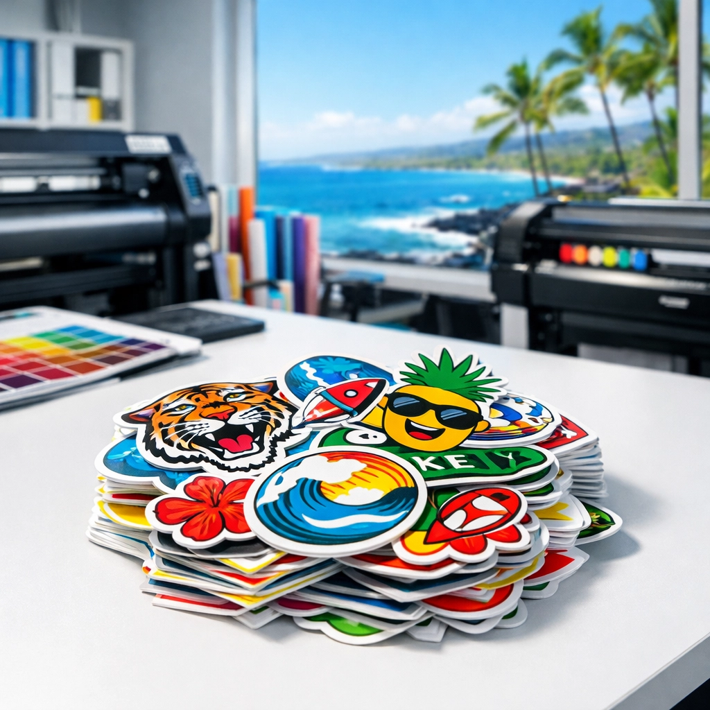 Custom vinyl stickers in various shapes printed at our professional Kona Impact studio.