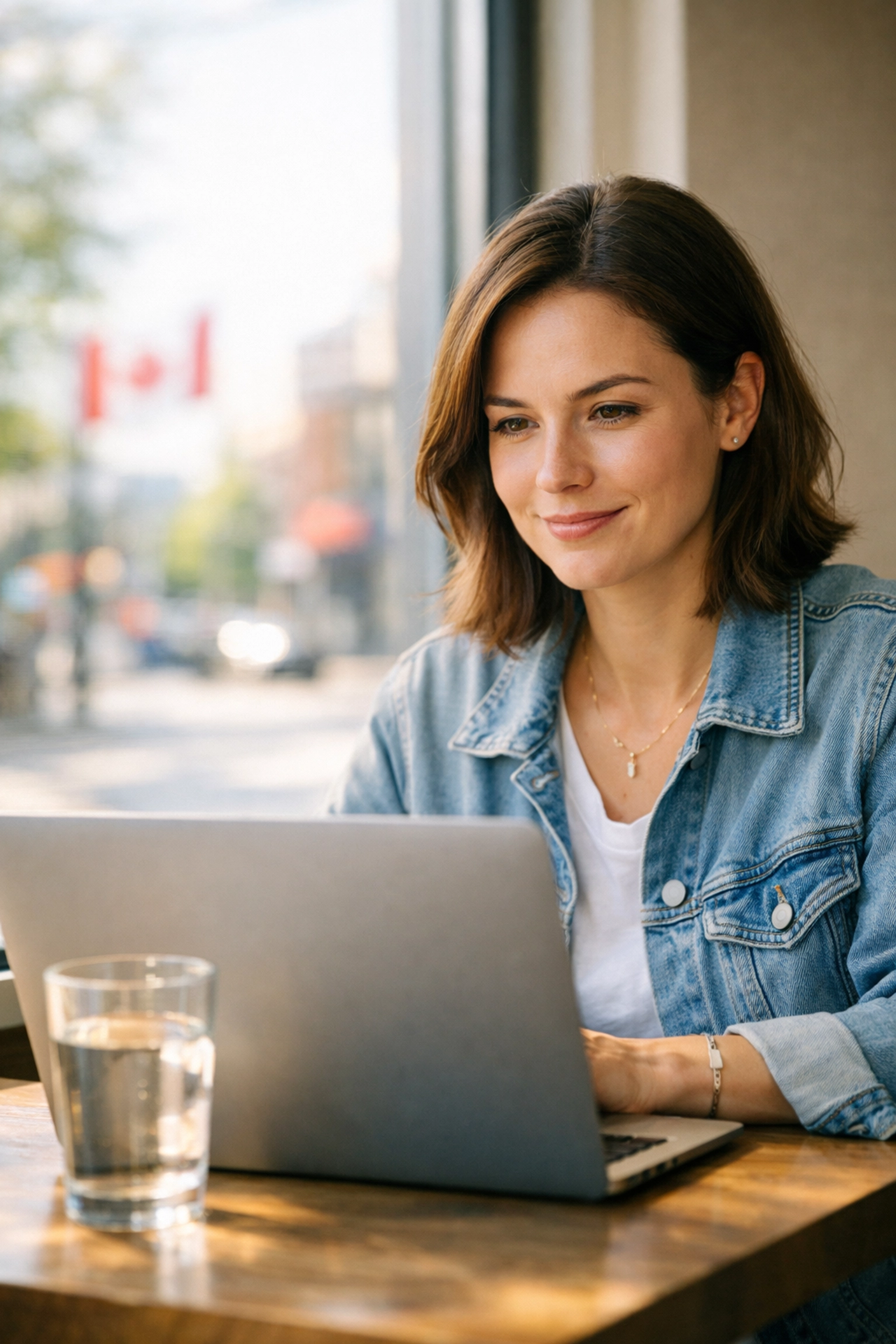 Securely applying for a payday loan online in Canada on a laptop at a bright modern cafe.