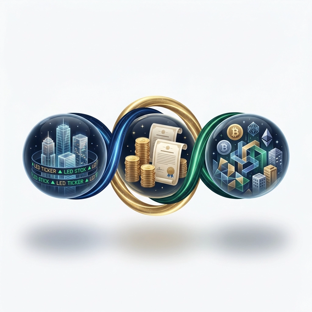 Three interconnected spheres illustrating equities, fixed income, and alternative investments for portfolio diversification.