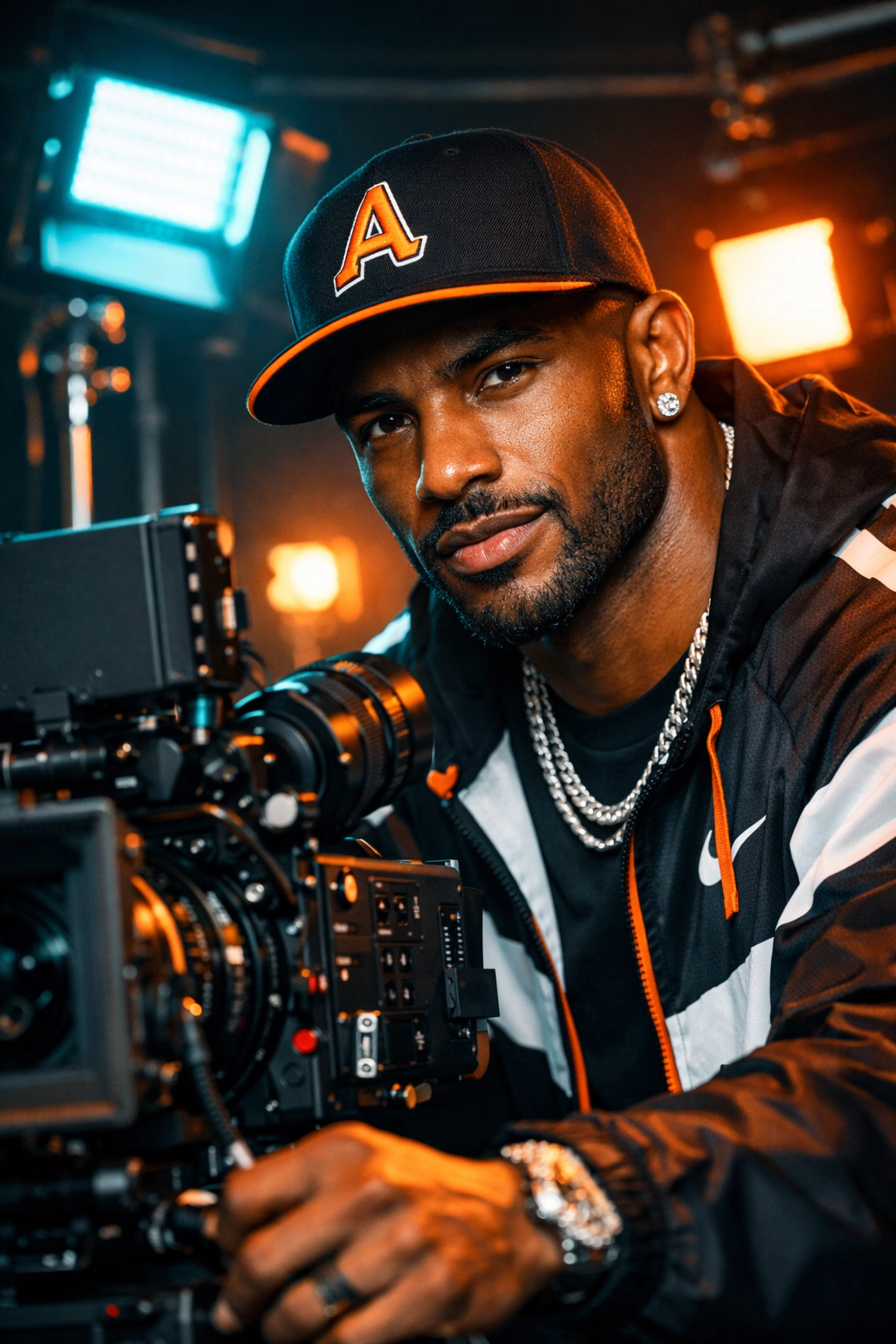 Charismatic professional athlete filming high-quality digital content for an NIL social media marketing activation.