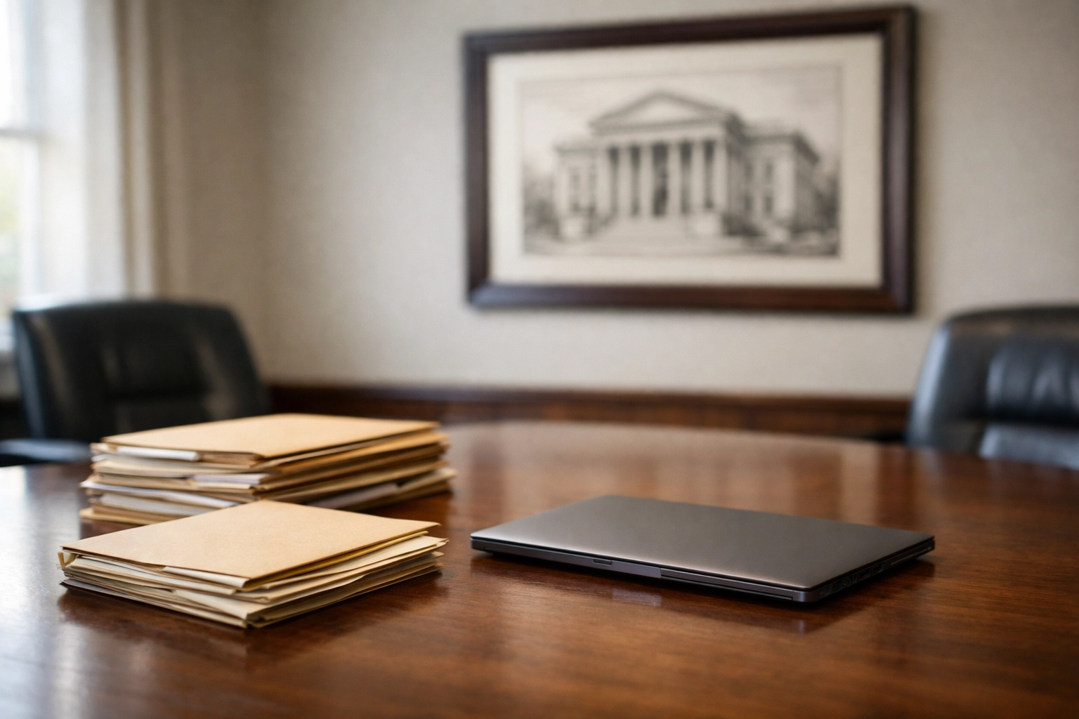 Neutral law office conference room with legal folders and documents on a table