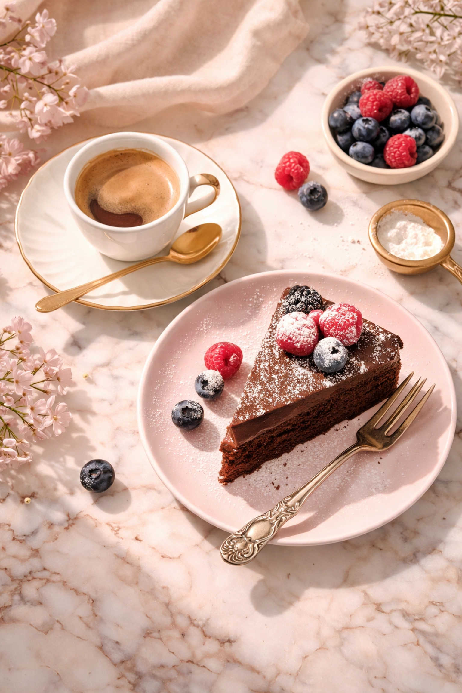 Espresso and slice of chocolate cake on marble table, showcasing coffee and cake pairing in Felixstowe cafe