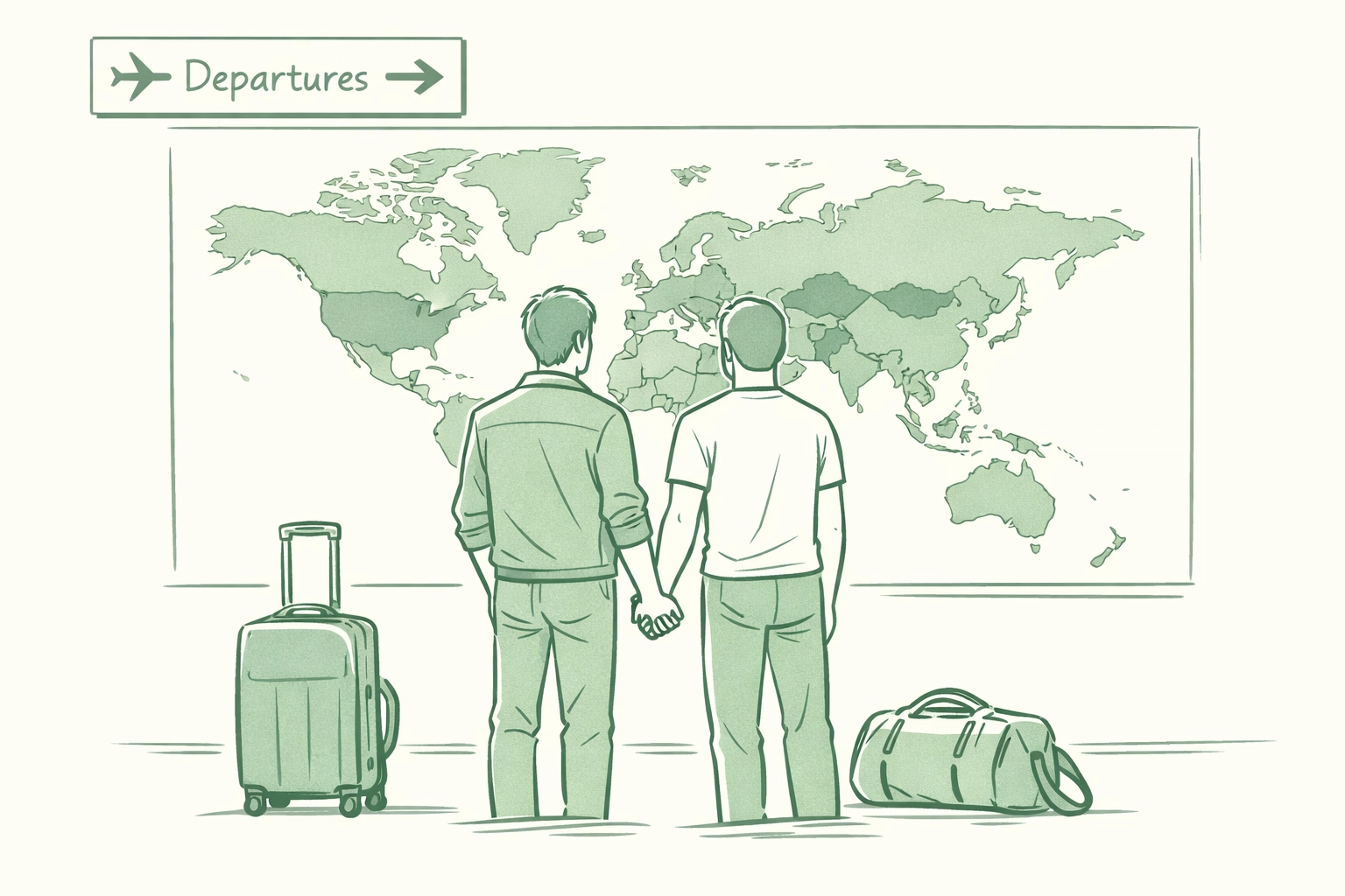 Same-sex couple at airport with world map showing marriage equality recognition by country