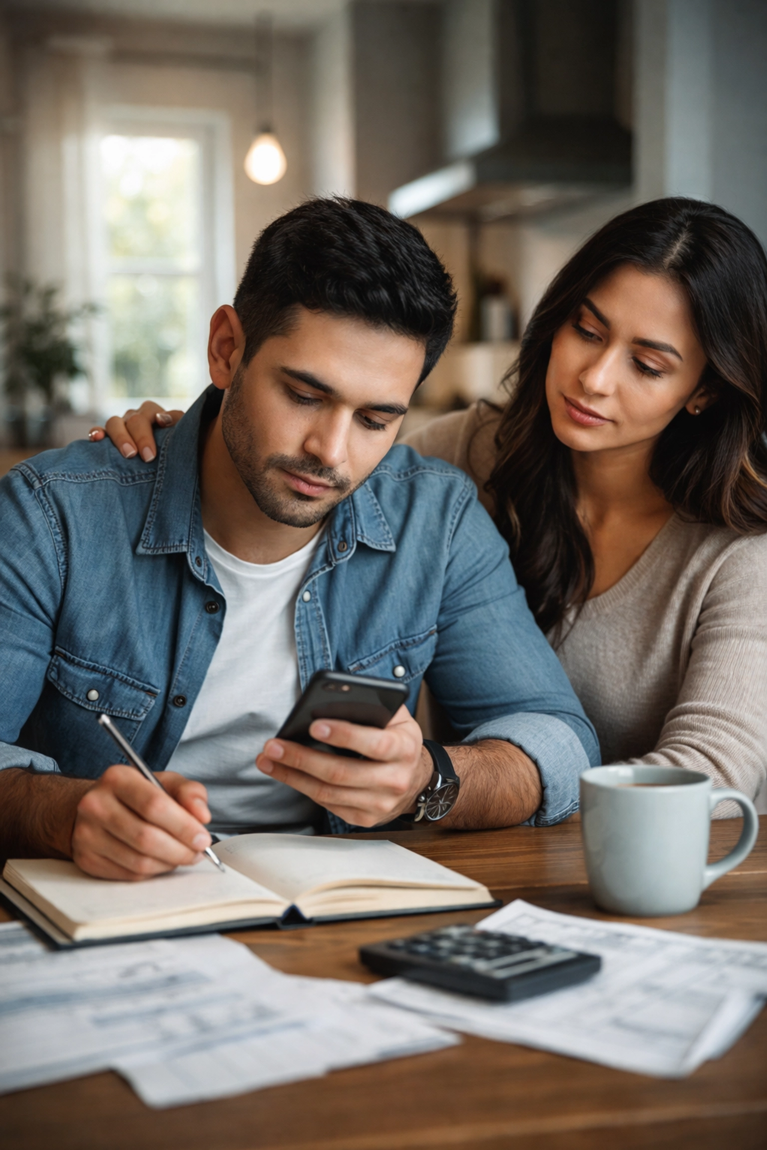 Hispanic man documenting custody order violations with supportive family member at home table