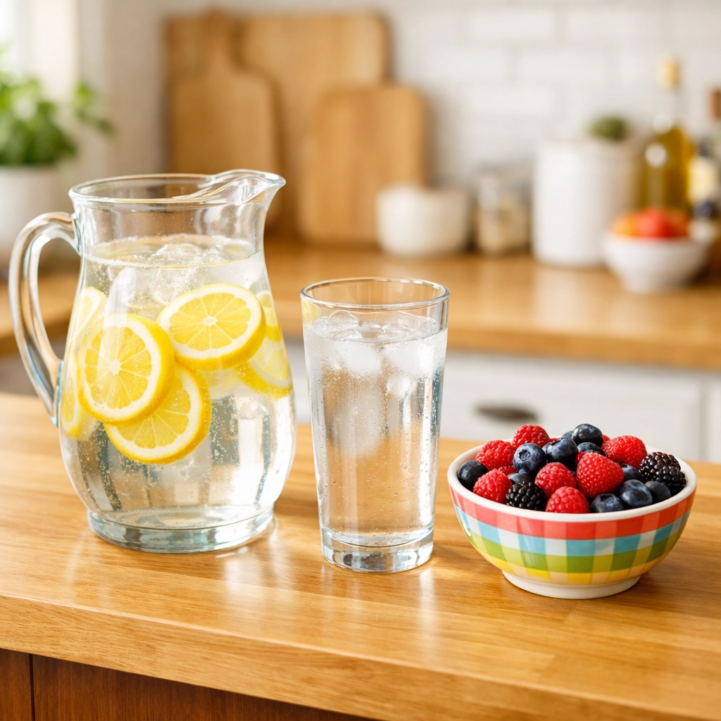 Water pitcher and healthy snacks kept at waist level on a kitchen counter for easy, fall-safe access.