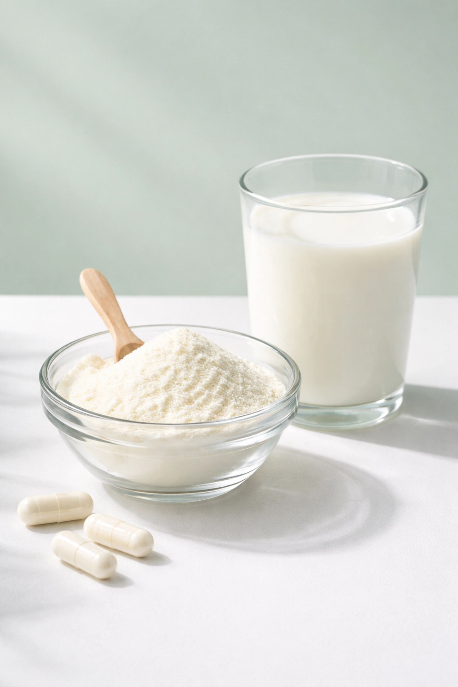 Glass bowl of colostrum powder and fresh milk highlighting colostrum's gut health benefits and immune support
