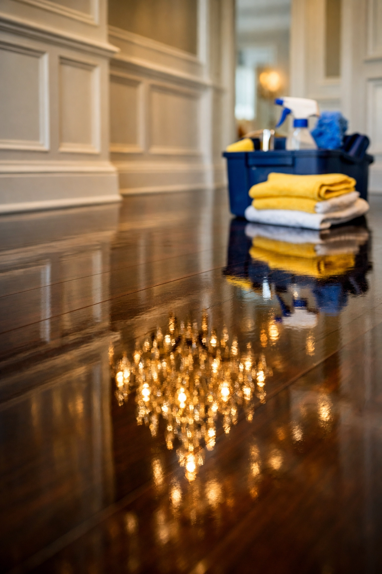 Gleaming mahogany floors reflecting a chandelier after luxury residential cleaning Massachusetts.