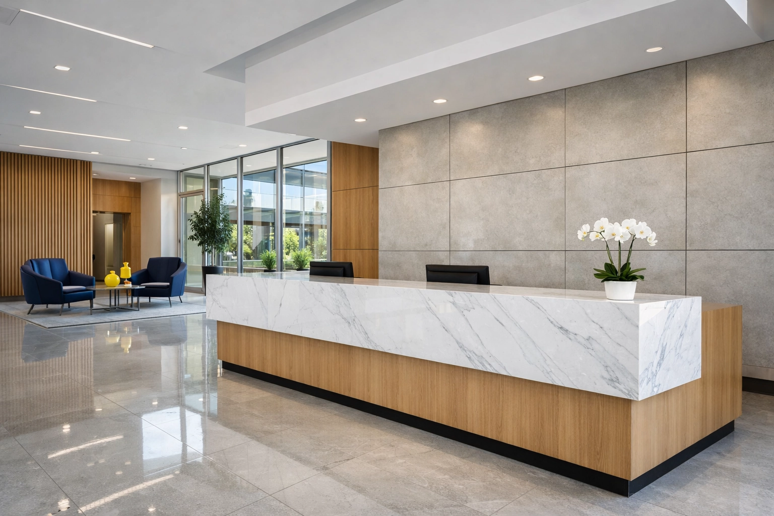 Professional office lobby with spotless floors representing expert office cleaning in Littleton.