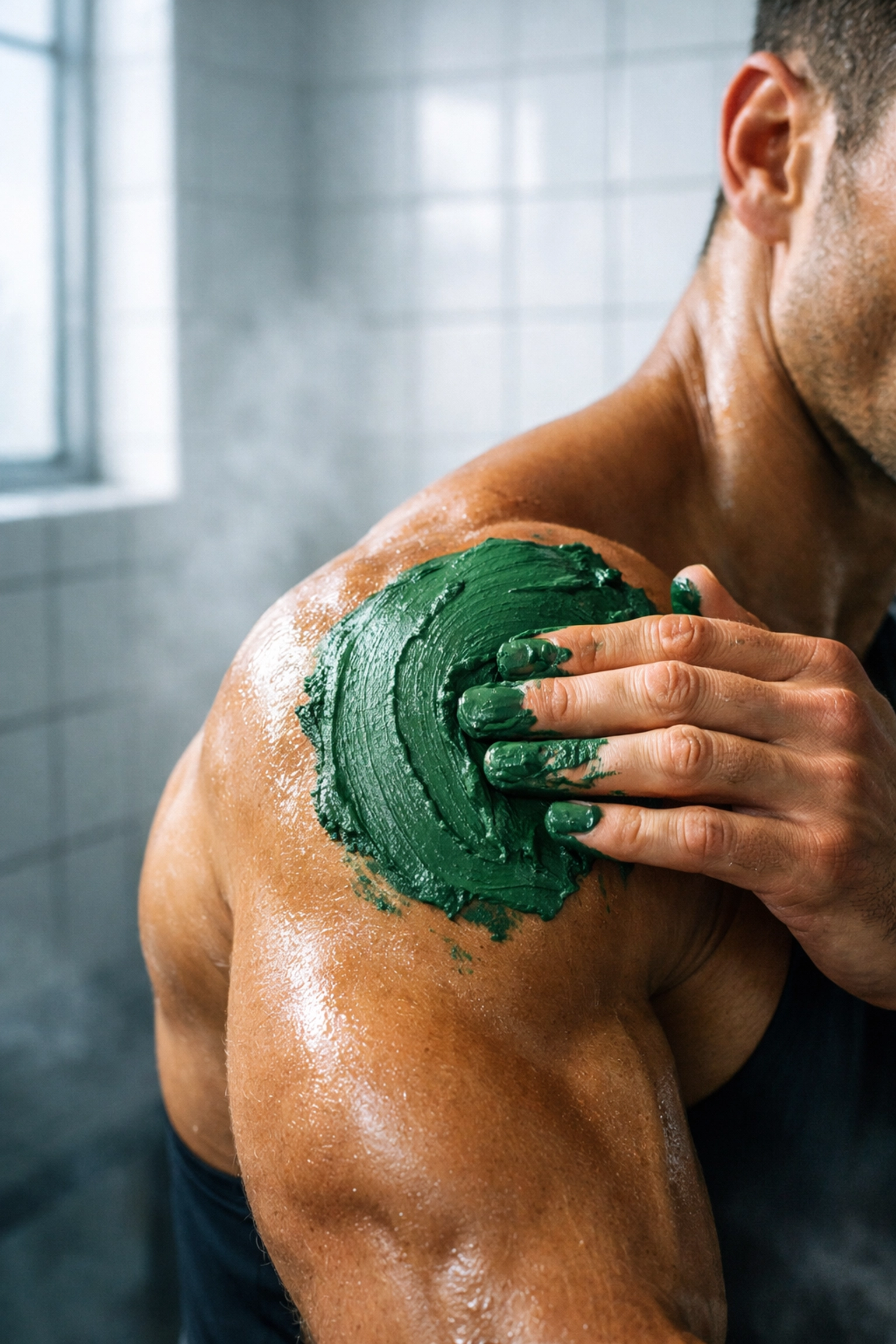 Elite athlete applying French healing clay to shoulder for post-workout recovery