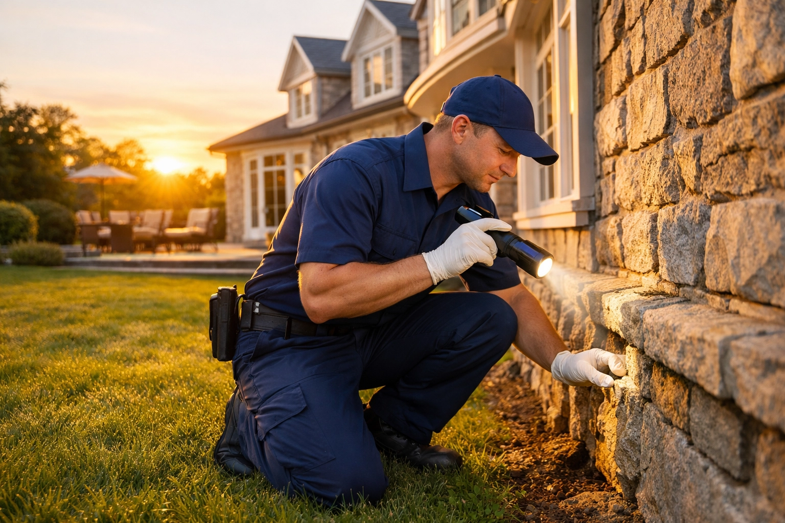 Professional exterminator in Westchester NY inspecting a home foundation to find hidden rodent entry points.