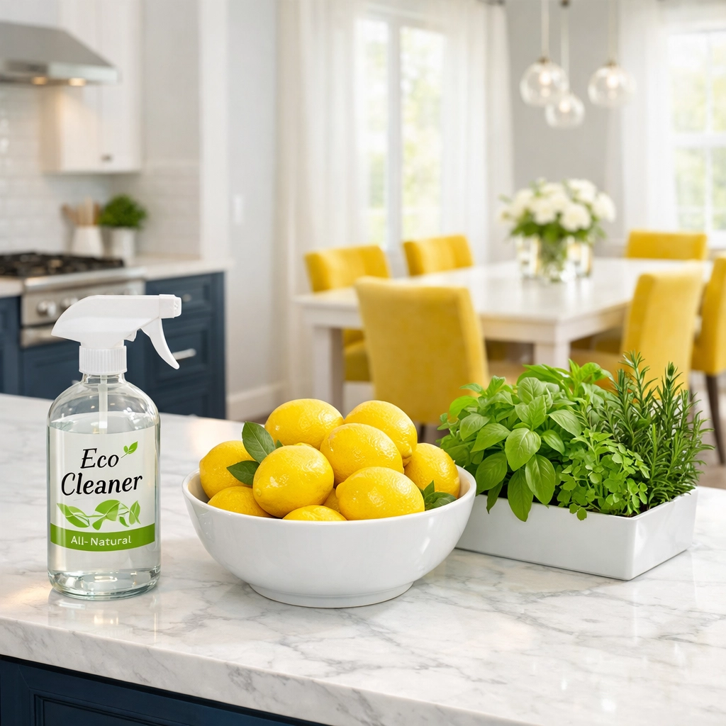 Kitchen with eco-friendly products representing green cleaning services Lowell MA for families.