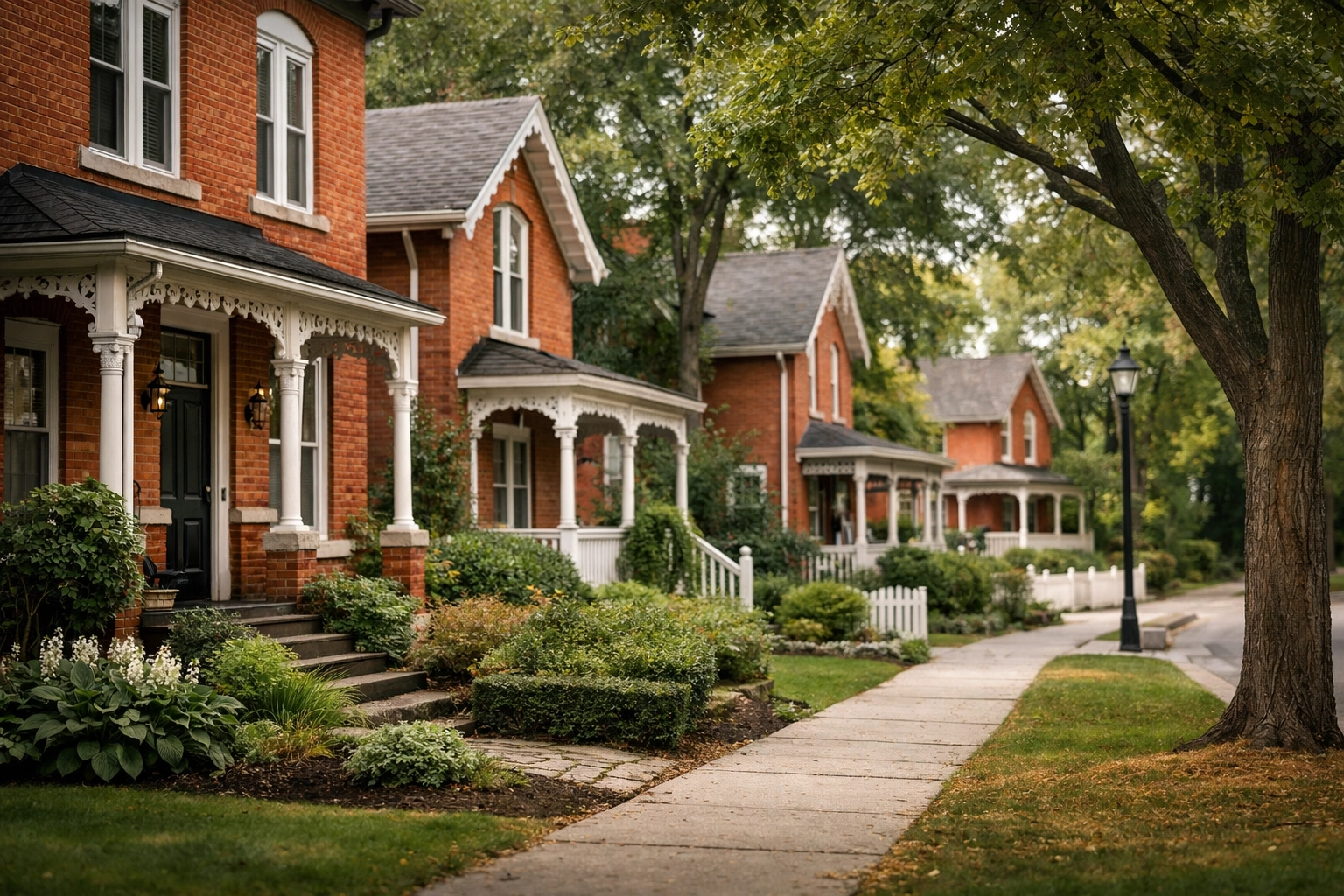 Unionville Markham heritage homes featuring traditional red brick, mature trees, and preserved village character.