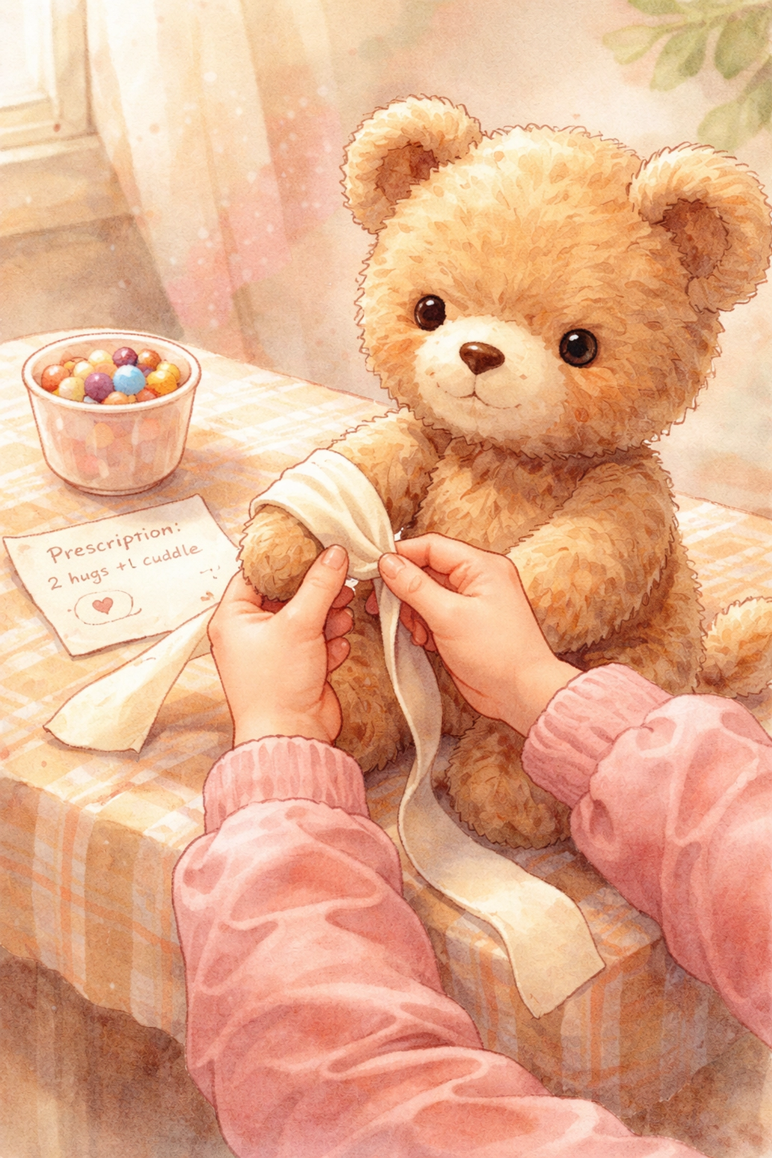Child wrapping a fabric bandage on a teddy bear's arm during stuffed animal vet clinic play.
