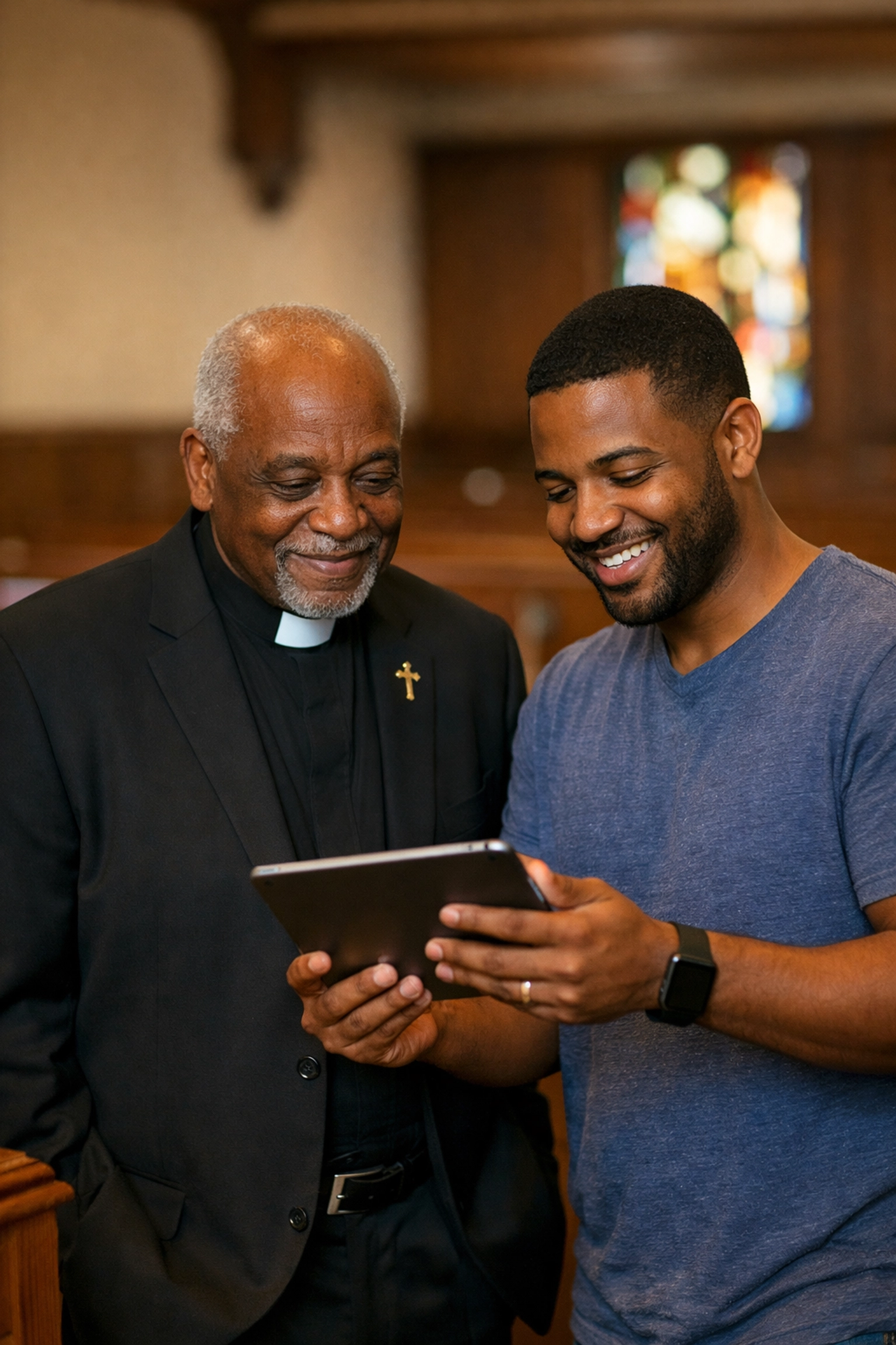 A pastor and volunteer viewing a tablet to integrate modern tech into church outreach programs.