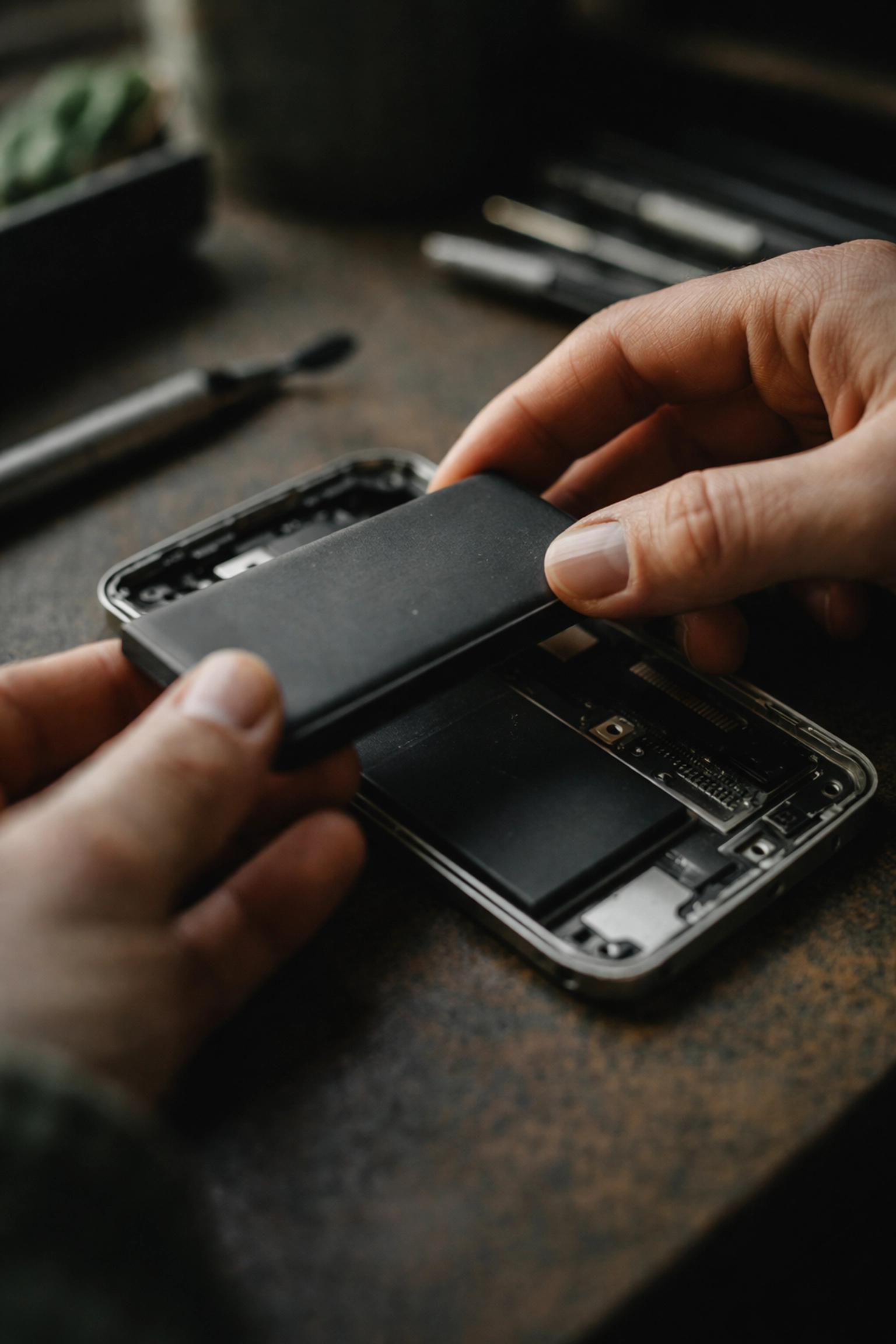 Hands removing a used genuine iPhone battery, highlighting sustainable repair solutions with recycled OEM parts.