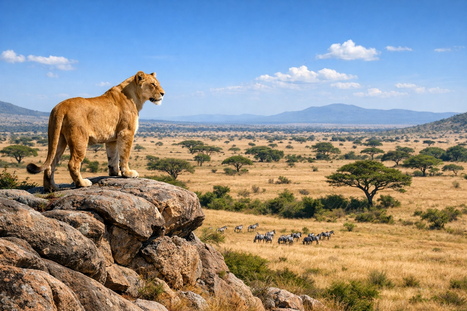 A lioness overlooking a lush African savanna ecosystem from a rocky cliff during the day.