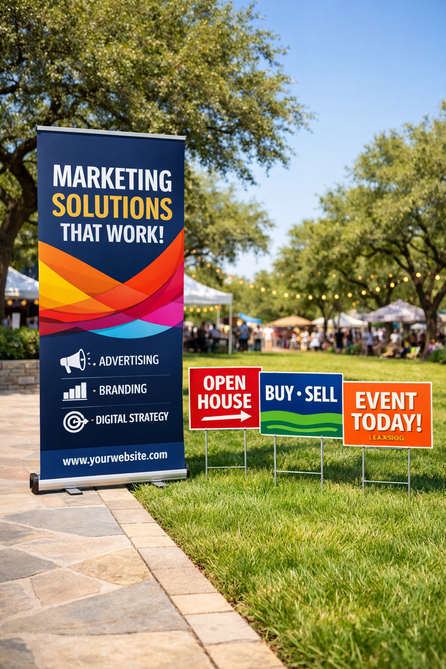 Custom pop-up banner and durable yard signs used for local outdoor marketing and business visibility.